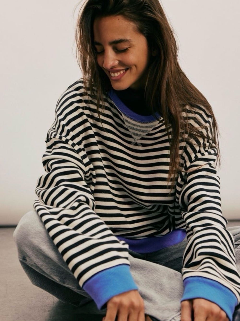Like New Free People We The Free Classic Striped Oversized Crewneck-Black Combo